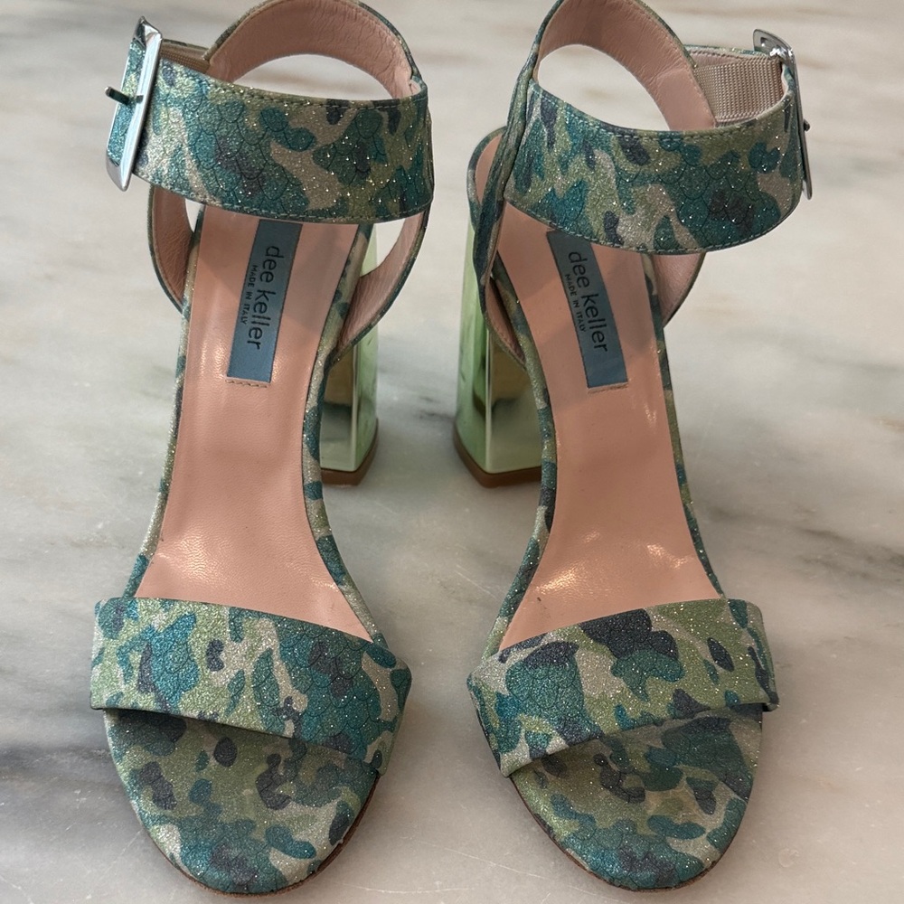 dee keller Green Glitter Camouflage Block Heel Sandals size 8 EU38